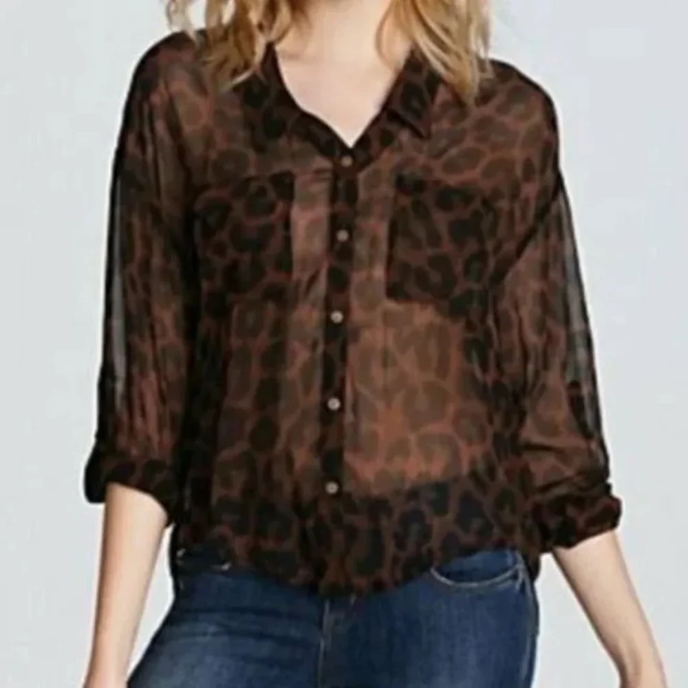 Free People Blouse Easy Rider Black Brown Leopard Print Chiffon Shirt Size Small